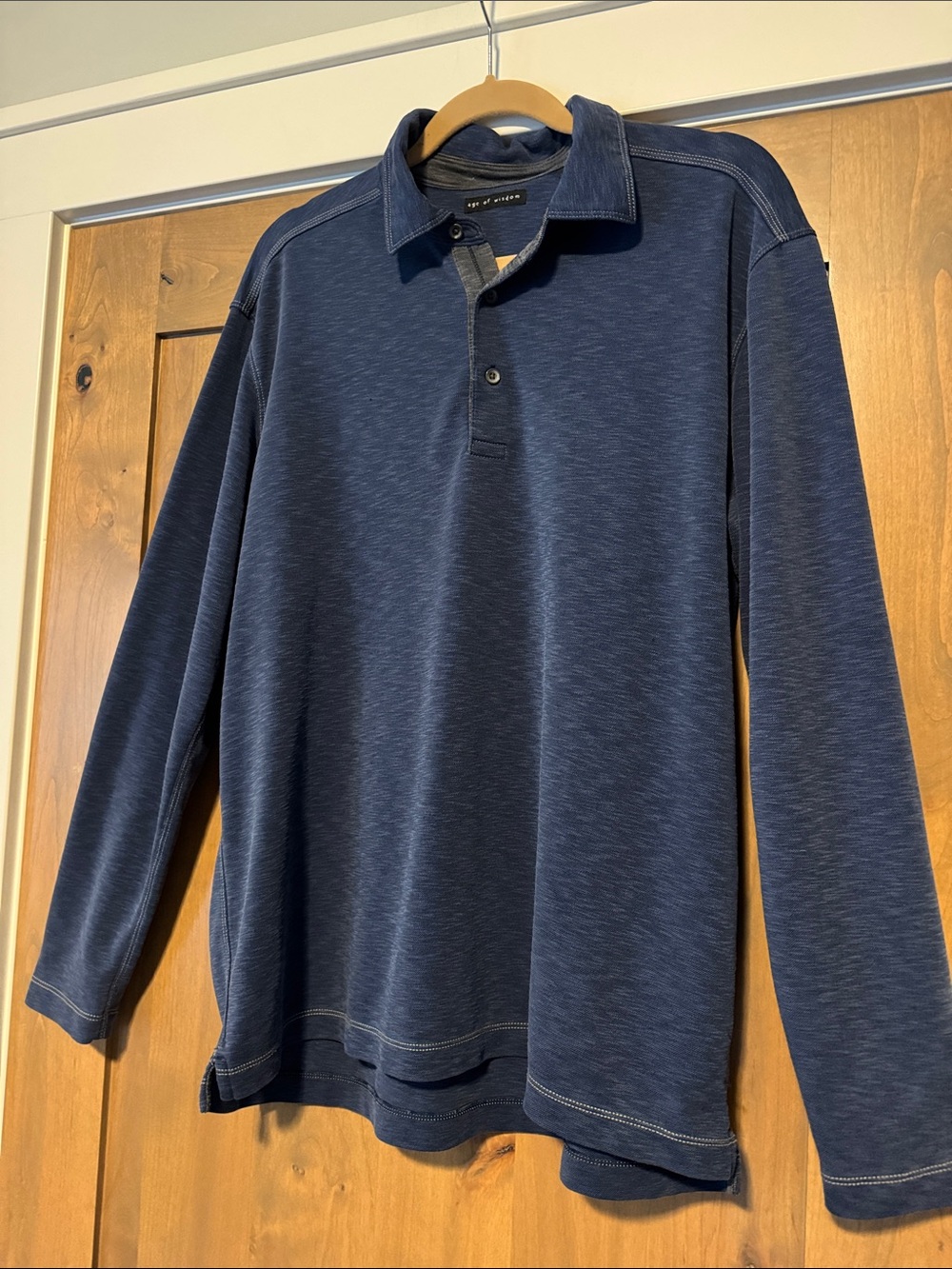 Age of Wisdom Mens L Henley Shirt stone washed blue 3 button long sleeve Casual